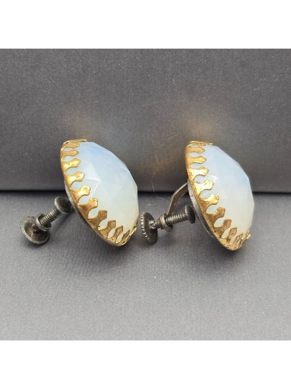 Vintage Moonstone Earrings Ornate Flame Prong Set Gold Tone Upcycled Jewelry - Picture 4 of 10
